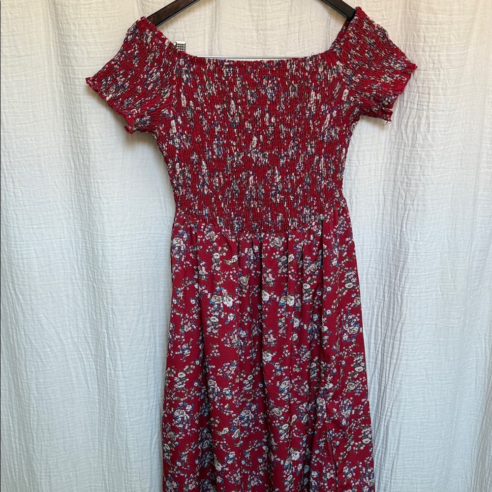 SHEIN Burgundy Floral Smocked Midi Dress